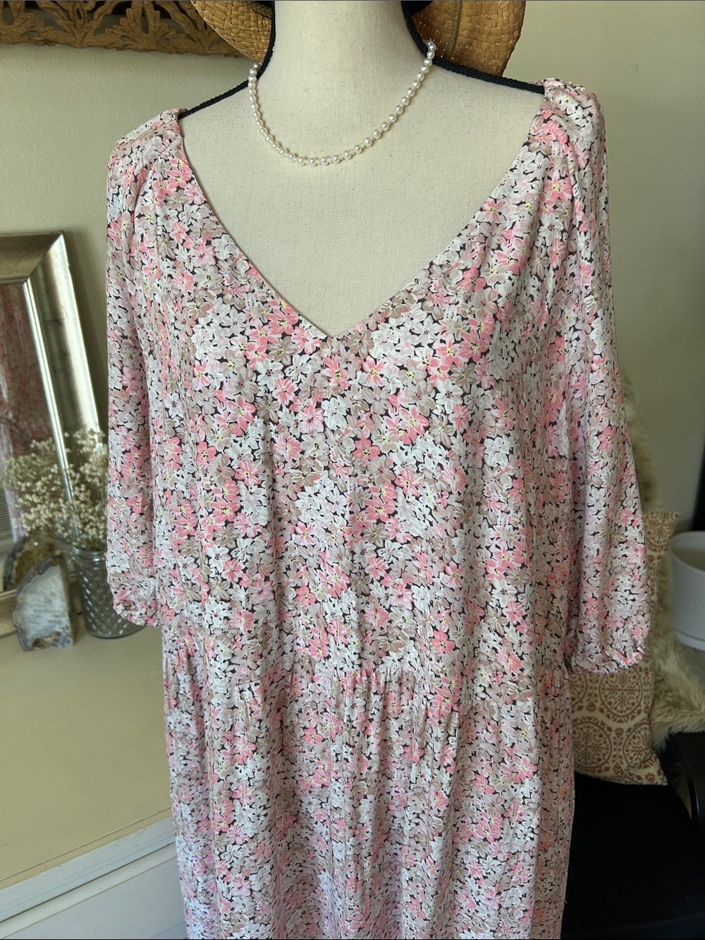 H&M brown tan cream, pink floral cottage V-neck tiered summer maxi dress XL - Picture 3 of 15